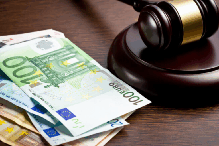 Drewniany młotek sędziowski leżący na stosie banknotów o nominałach 100 i 200 euro, symbolizujący wysokie kary finansowe oraz konsekwencje prawne naruszenia przepisów.