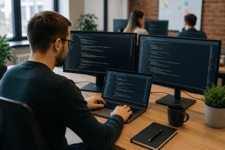 Realistyczna grafika przedstawiająca programistę pracującego przy kilku monitorach z kodem w nowoczesnym biurze IT, ilustrująca temat body leasingu IT, bezpieczeństwa projektu, ochrony kodu i zabezpieczenia interesów software house’u.