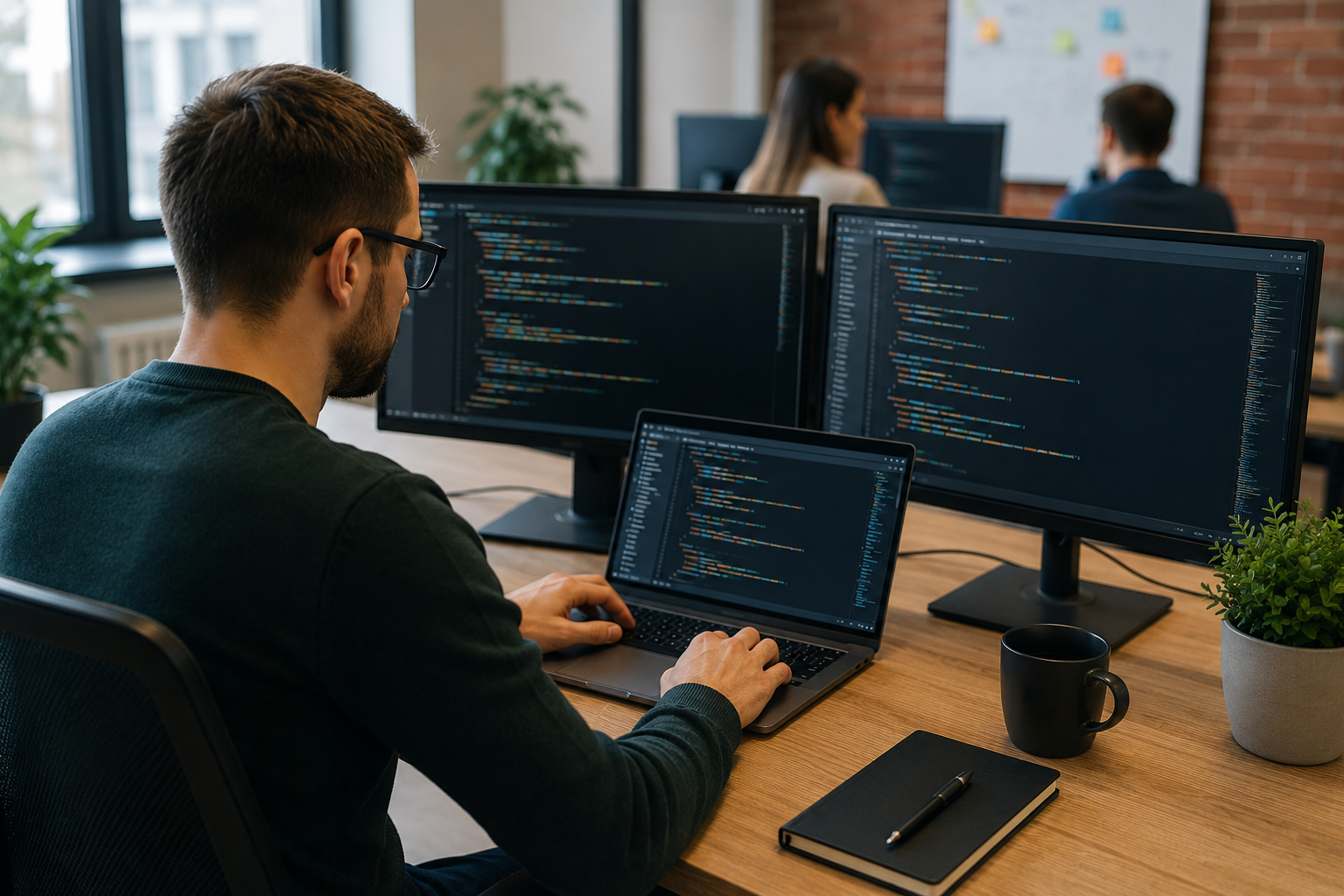 Realistyczna grafika przedstawiająca programistę pracującego przy kilku monitorach z kodem w nowoczesnym biurze IT, ilustrująca temat body leasingu IT, bezpieczeństwa projektu, ochrony kodu i zabezpieczenia interesów software house’u.