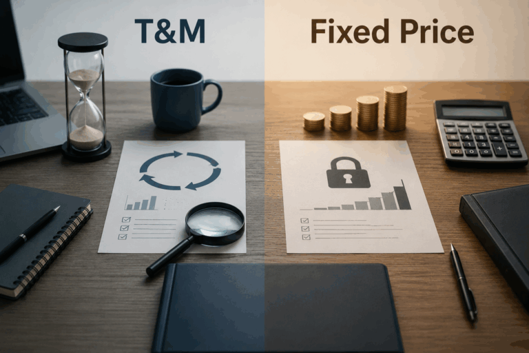 Realistyczna grafika przedstawiająca porównanie modeli rozliczeń T&M i Fixed Price w umowie IT, z dokumentami na biurku, klepsydrą symbolizującą czas pracy, monetami, kalkulatorem oraz elementami związanymi z budżetem, zakresem projektu i bezpieczeństwem współpracy.