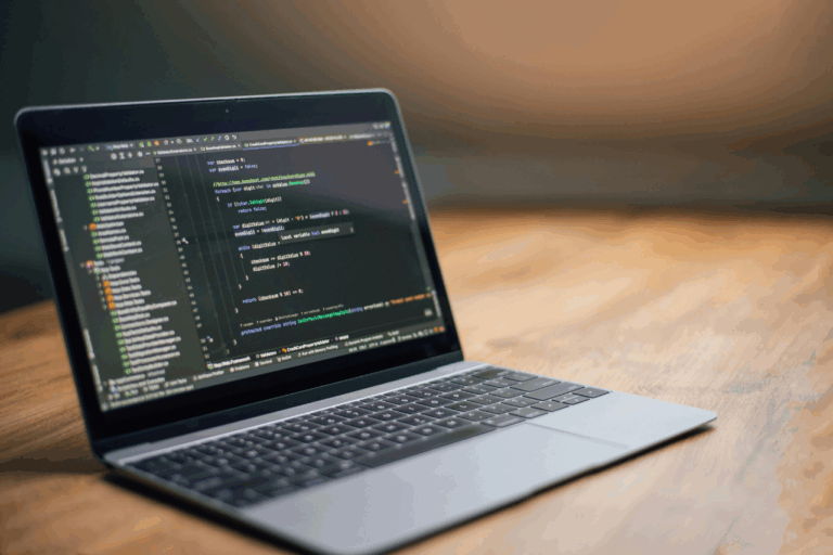 Otwarty laptop na drewnianym biurku, wyświetlający na ekranie kod źródłowy w ciemnym motywie edytora programistycznego
