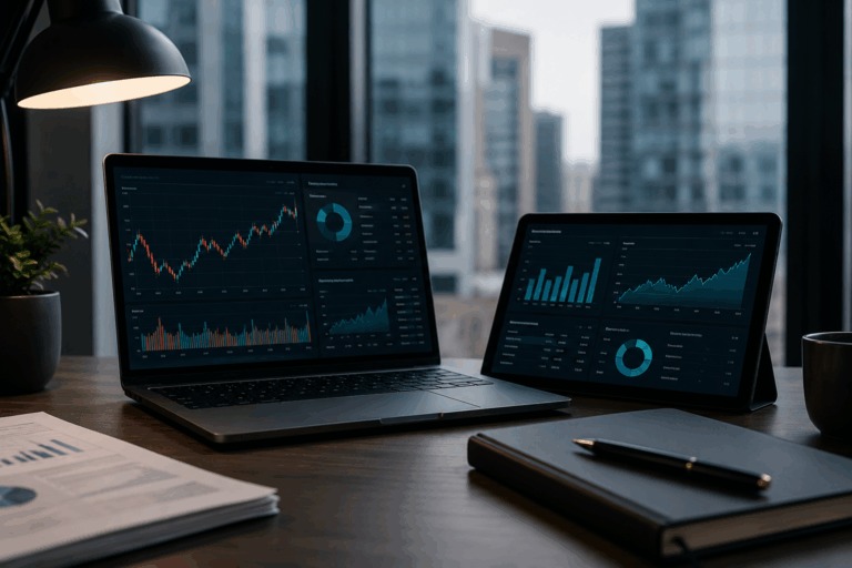 Futurystyczna grafika 3D przedstawiająca metaforę skalowania fintechu w Polsce. Po lewej stronie budynek biurowy z napisem "MIP" i flagą PL, nad którym widnieje licznik ze wskaźnikiem limitu zbliżającym się do czerwonej strefy i napisem "1.5 Million EUR". Od budynku prowadzi droga pod tunel z barierą. Po prawej stronie nowoczesne wieżowce, wielopasmowa autostrada, dźwig przenoszący transparent "EU Passport" i globus z podświetloną Europą, symbolizujące ekspansję zagraniczną. Na pierwszym planie widoczne są holograficzne interfejsy diagnosticzne.