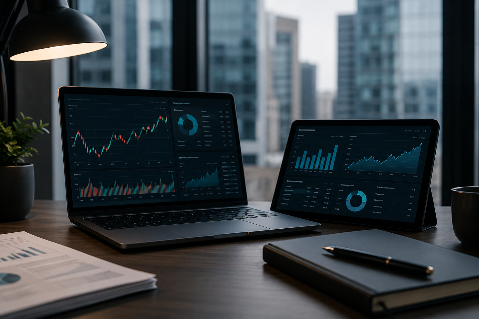 Futurystyczna grafika 3D przedstawiająca metaforę skalowania fintechu w Polsce. Po lewej stronie budynek biurowy z napisem "MIP" i flagą PL, nad którym widnieje licznik ze wskaźnikiem limitu zbliżającym się do czerwonej strefy i napisem "1.5 Million EUR". Od budynku prowadzi droga pod tunel z barierą. Po prawej stronie nowoczesne wieżowce, wielopasmowa autostrada, dźwig przenoszący transparent "EU Passport" i globus z podświetloną Europą, symbolizujące ekspansję zagraniczną. Na pierwszym planie widoczne są holograficzne interfejsy diagnosticzne.
