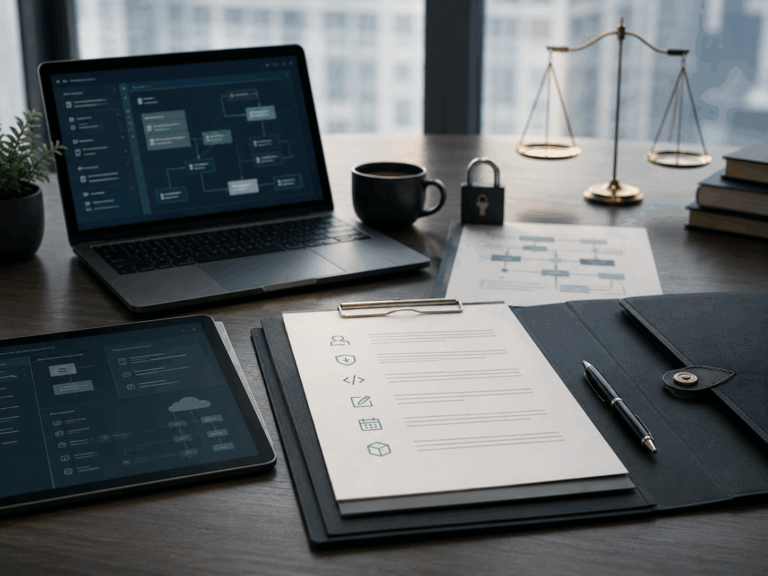 Umowa z software house – dokumentacja projektu IT, laptop i symbole prawne